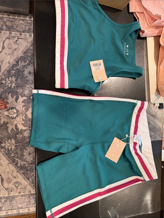 Wilo The Label Other - NWT Wilo Women's Teal Athletic Shorts & sports bra set with Pink & White Stripes